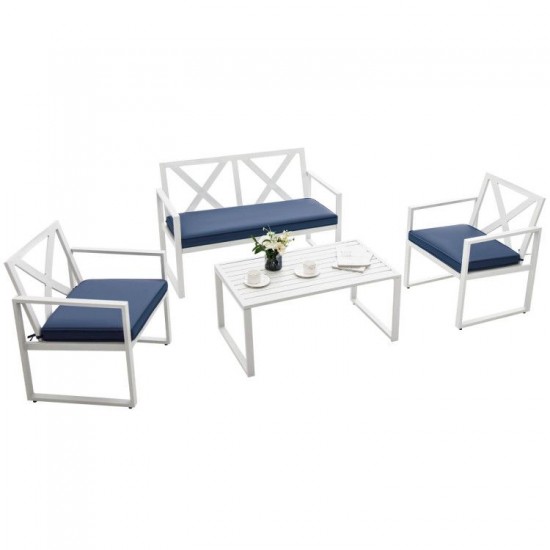 Honhorrs Four-Piece Steel Patio Conversation Set, Cushioned Loveseat and Chairs with Side Table