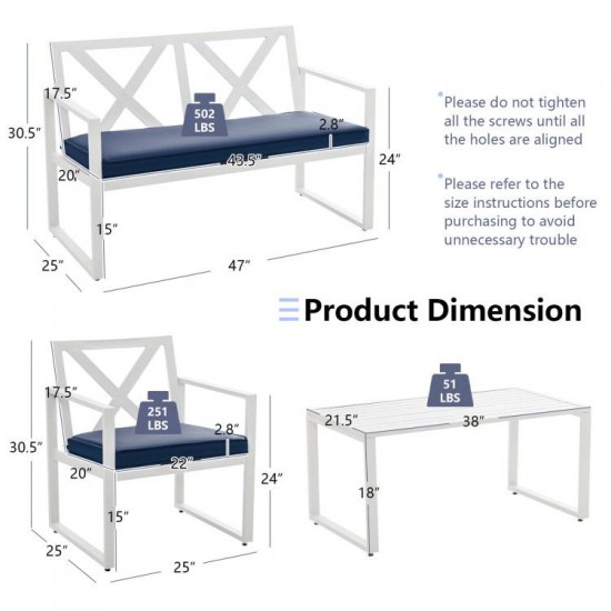 Honhorrs Four-Piece Steel Patio Conversation Set, Cushioned Loveseat and Chairs with Side Table