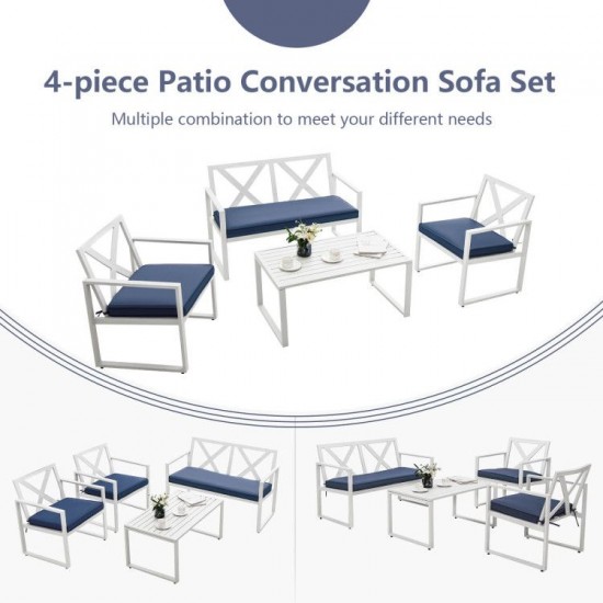 Honhorrs Four-Piece Steel Patio Conversation Set, Cushioned Loveseat and Chairs with Side Table
