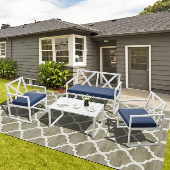 Honhorrs Four-Piece Steel Patio Conversation Set, Cushioned Loveseat and Chairs with Side Table