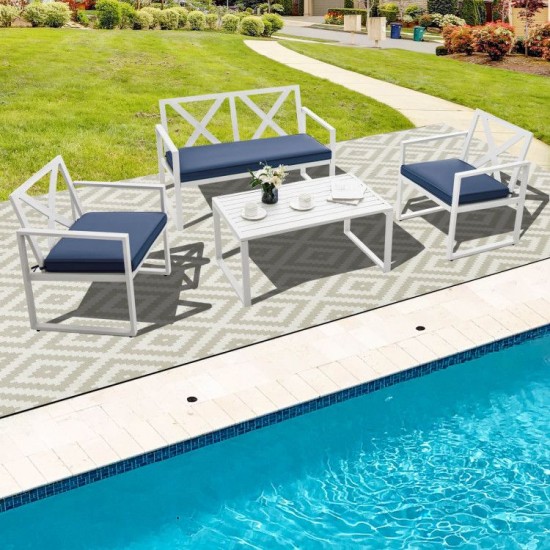 Honhorrs Four-Piece Steel Patio Conversation Set, Cushioned Loveseat and Chairs with Side Table