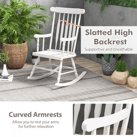 Honhorrs Rubberwood Rocking Chair, High Slatted Back with Curved Armrests and Contoured Garden Seat