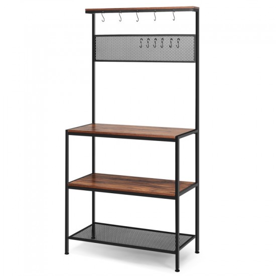 Honhorrs 4-Tier Open Kitchen Storage Rack with Mesh Shelf, 11 S-Hooks and Adjustable Foot Pads