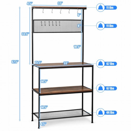 Honhorrs 4-Tier Open Kitchen Storage Rack with Mesh Shelf, 11 S-Hooks and Adjustable Foot Pads