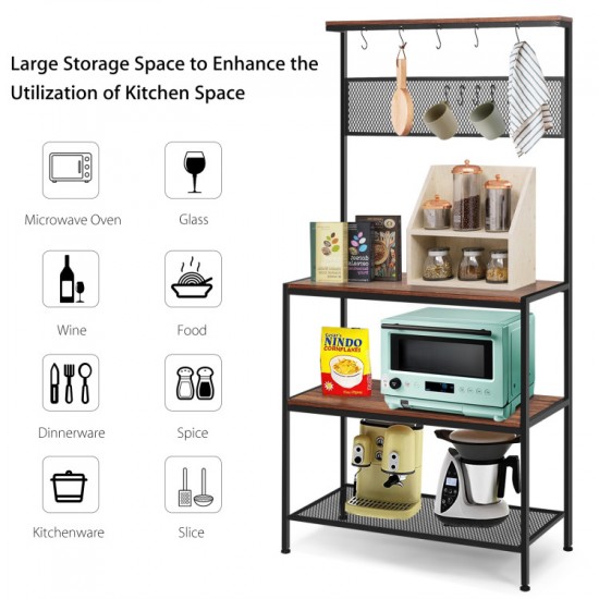 Honhorrs 4-Tier Open Kitchen Storage Rack with Mesh Shelf, 11 S-Hooks and Adjustable Foot Pads