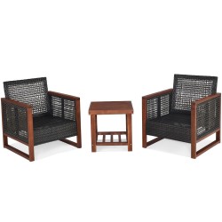 XVX Three-Piece Acacia Wood Patio Set with Rattan Seating, Removable Cushions and Shelf Table