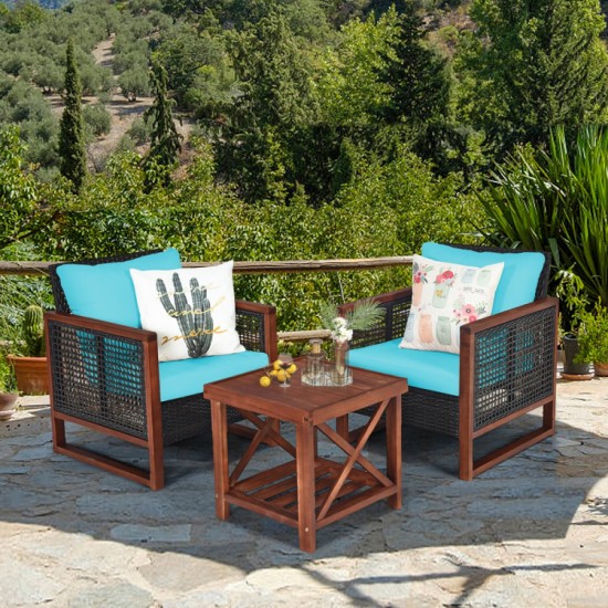 Honhorrs Three-Piece Acacia Wood Patio Set with Rattan Seating, Removable Cushions and Shelf Table