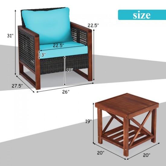 Honhorrs Three-Piece Acacia Wood Patio Set with Rattan Seating, Removable Cushions and Shelf Table