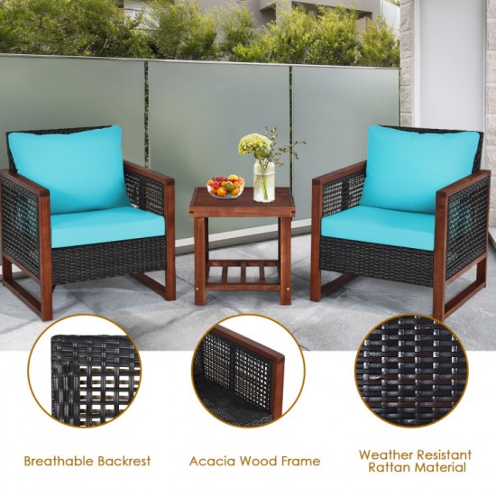 Honhorrs Three-Piece Acacia Wood Patio Set with Rattan Seating, Removable Cushions and Shelf Table