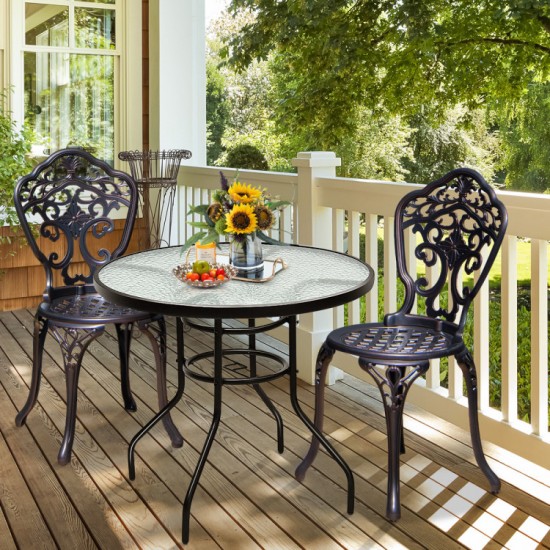 Honhorrs 32-Inch Round Patio Table, Tempered-Glass Top and Central Umbrella Opening on Steel Frame