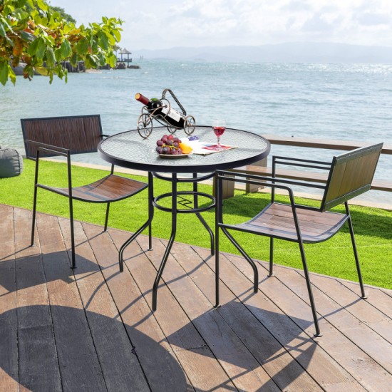 Honhorrs 32-Inch Round Patio Table, Tempered-Glass Top and Central Umbrella Opening on Steel Frame