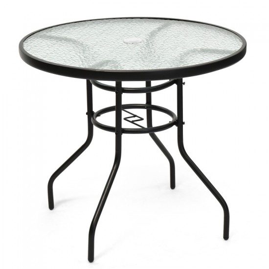 Honhorrs 32-Inch Round Patio Table, Tempered-Glass Top and Central Umbrella Opening on Steel Frame