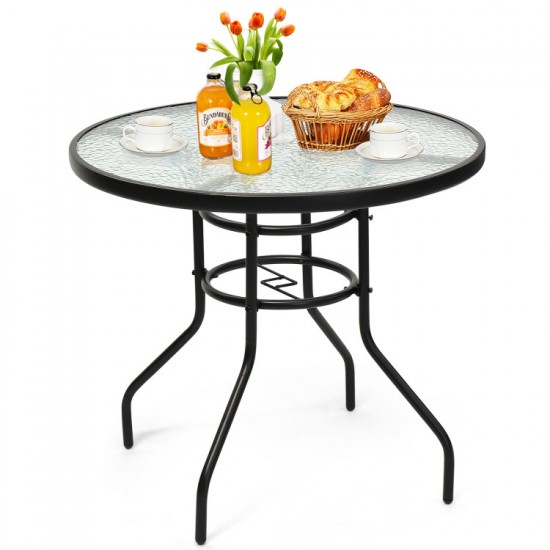 Honhorrs 32-Inch Round Patio Table, Tempered-Glass Top and Central Umbrella Opening on Steel Frame