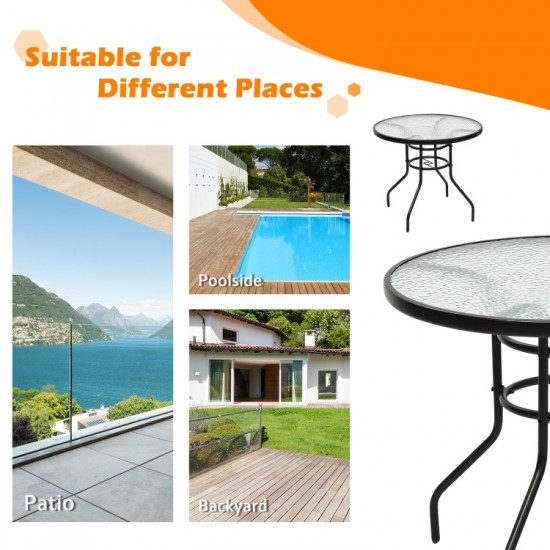Honhorrs 32-Inch Round Patio Table, Tempered-Glass Top and Central Umbrella Opening on Steel Frame