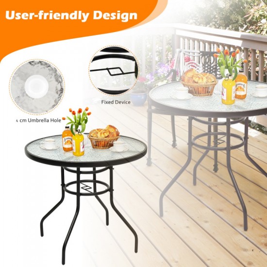 Honhorrs 32-Inch Round Patio Table, Tempered-Glass Top and Central Umbrella Opening on Steel Frame