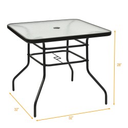 Honhorrs 32-Inch Square Patio Table, Tempered Glass Surface and Steel Frame with Umbrella Supports