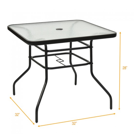 Honhorrs 32-Inch Square Patio Table, Tempered Glass Surface and Steel Frame with Umbrella Supports