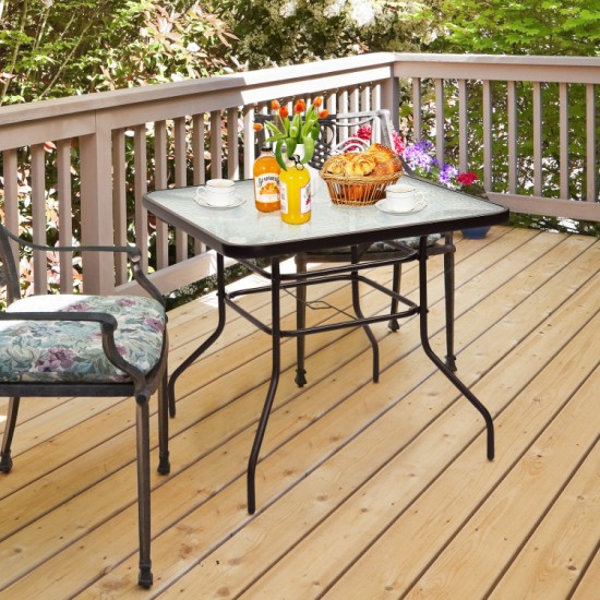 Honhorrs 32-Inch Square Patio Table, Tempered Glass Surface and Steel Frame with Umbrella Supports