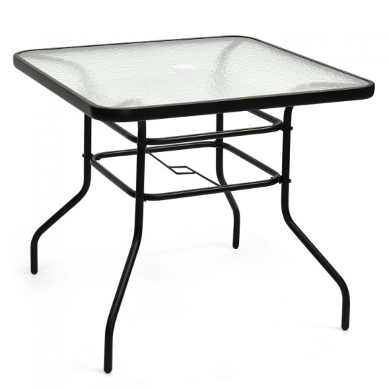 Honhorrs 32-Inch Square Patio Table, Tempered Glass Surface and Steel Frame with Umbrella Supports
