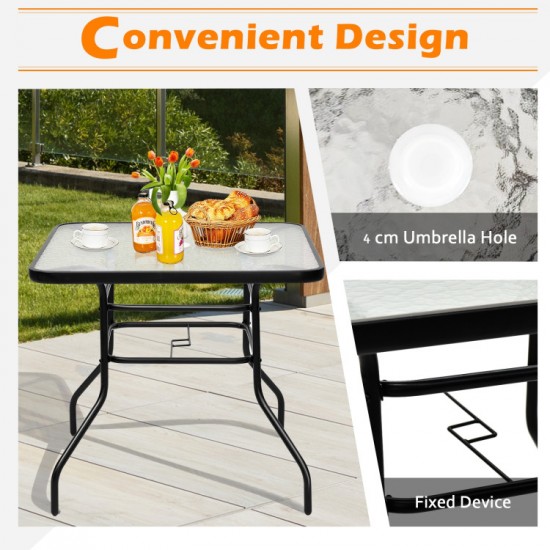 Honhorrs 32-Inch Square Patio Table, Tempered Glass Surface and Steel Frame with Umbrella Supports