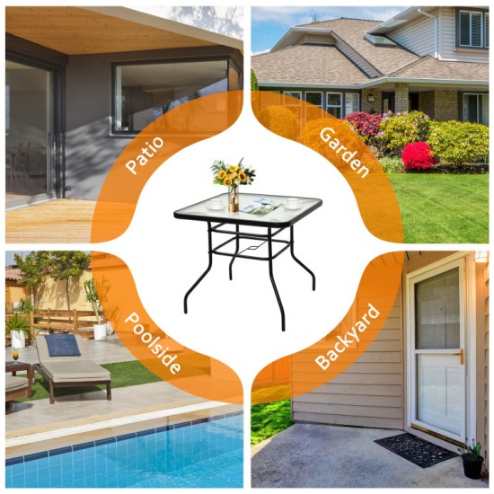 Honhorrs 32-Inch Square Patio Table, Tempered Glass Surface and Steel Frame with Umbrella Supports