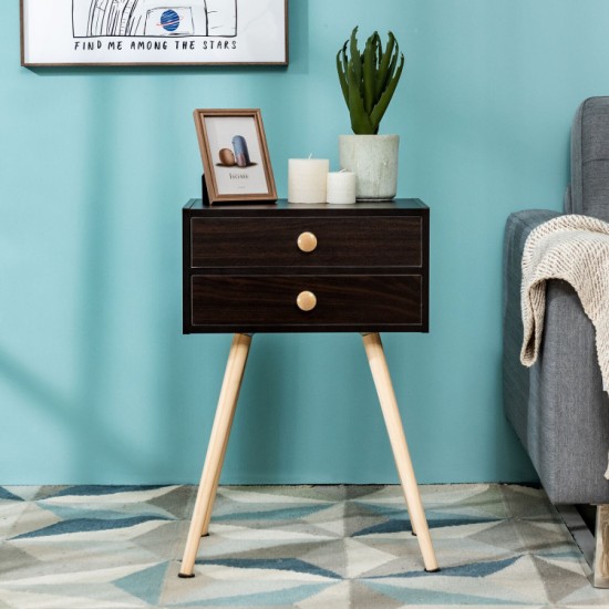 Honhorrs Midcentury Two-Drawer Bedside Table, Solid Wood Legs with Smooth Slides and Nonslip Feet