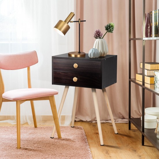 Honhorrs Midcentury Two-Drawer Bedside Table, Solid Wood Legs with Smooth Slides and Nonslip Feet