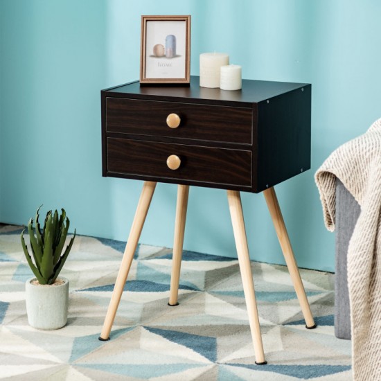 Honhorrs Midcentury Two-Drawer Bedside Table, Solid Wood Legs with Smooth Slides and Nonslip Feet