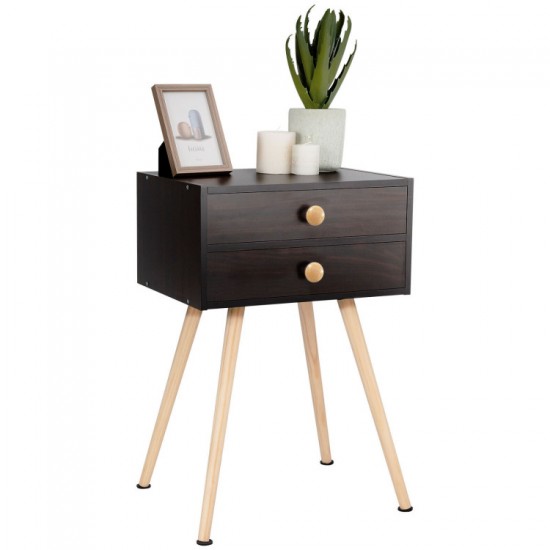 Honhorrs Midcentury Two-Drawer Bedside Table, Solid Wood Legs with Smooth Slides and Nonslip Feet