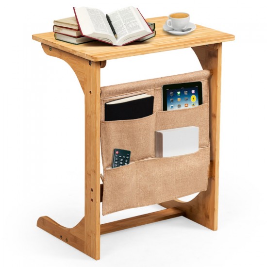 Honhorrs Bamboo Bedside Tray Table, L-Shaped Base and Hanging Storage Pockets for Sofa-Side Items