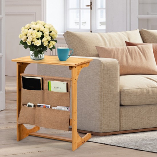 Honhorrs Bamboo Bedside Tray Table, L-Shaped Base and Hanging Storage Pockets for Sofa-Side Items
