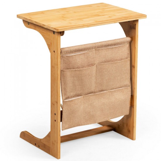 Honhorrs Bamboo Bedside Tray Table, L-Shaped Base and Hanging Storage Pockets for Sofa-Side Items