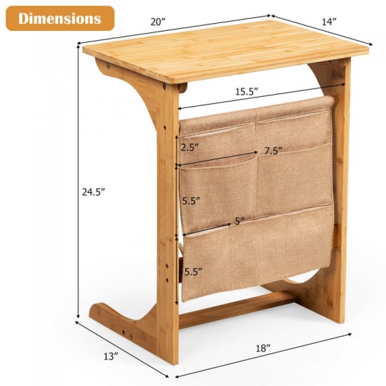 Honhorrs Bamboo Bedside Tray Table, L-Shaped Base and Hanging Storage Pockets for Sofa-Side Items