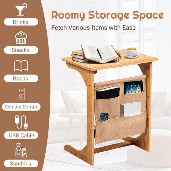Honhorrs Bamboo Bedside Tray Table, L-Shaped Base and Hanging Storage Pockets for Sofa-Side Items