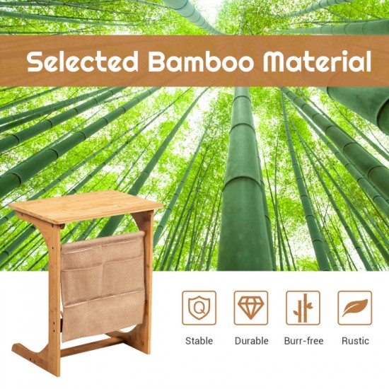 Honhorrs Bamboo Bedside Tray Table, L-Shaped Base and Hanging Storage Pockets for Sofa-Side Items
