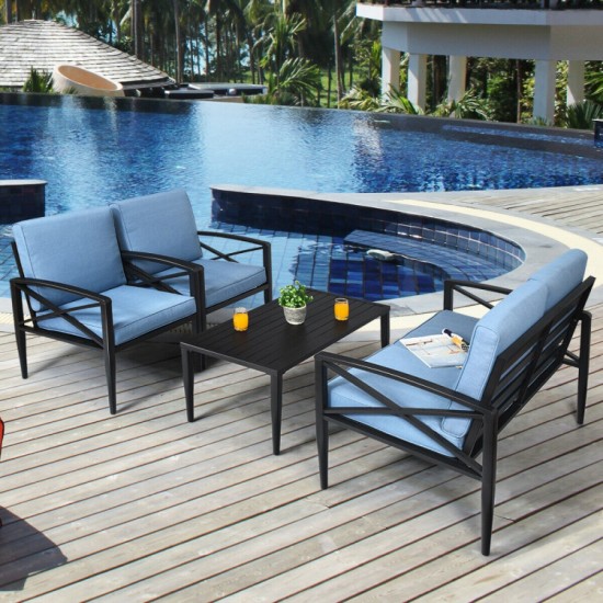 Honhorrs Four-Piece Aluminum Patio Sofa Set, Loveseat and Two Cushioned Chairs with a Side Table