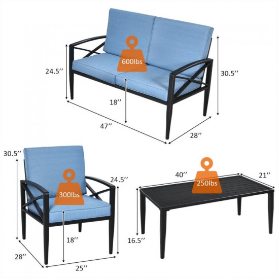 Honhorrs Four-Piece Aluminum Patio Sofa Set, Loveseat and Two Cushioned Chairs with a Side Table