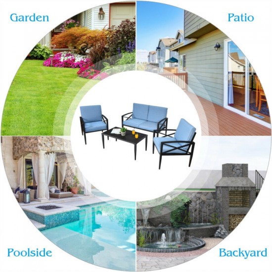 Honhorrs Four-Piece Aluminum Patio Sofa Set, Loveseat and Two Cushioned Chairs with a Side Table