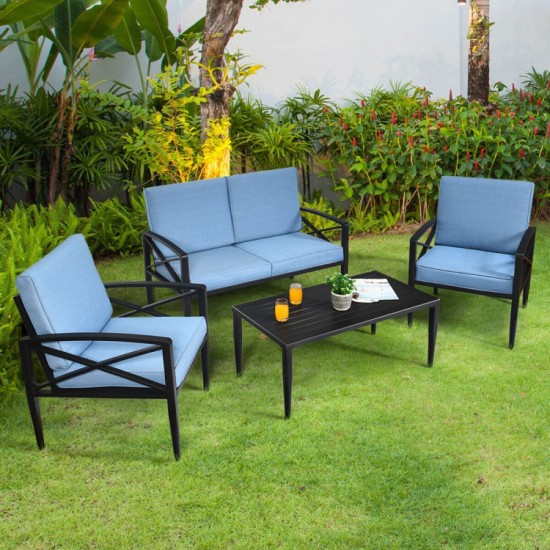 Honhorrs Four-Piece Aluminum Patio Sofa Set, Loveseat and Two Cushioned Chairs with a Side Table