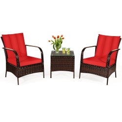 XVX Three-Piece Wicker Patio Conversation Set, Cushioned Seats and Tempered Glass Coffee Table