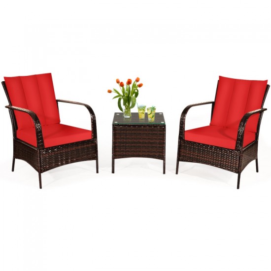 Honhorrs Three-Piece Wicker Patio Conversation Set, Cushioned Seats and Tempered Glass Coffee Table