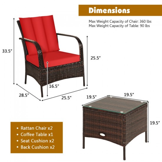 Honhorrs Three-Piece Wicker Patio Conversation Set, Cushioned Seats and Tempered Glass Coffee Table