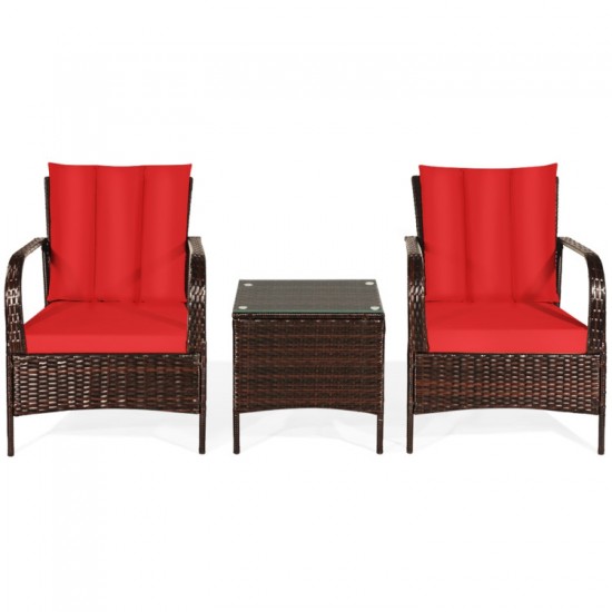 Honhorrs Three-Piece Wicker Patio Conversation Set, Cushioned Seats and Tempered Glass Coffee Table