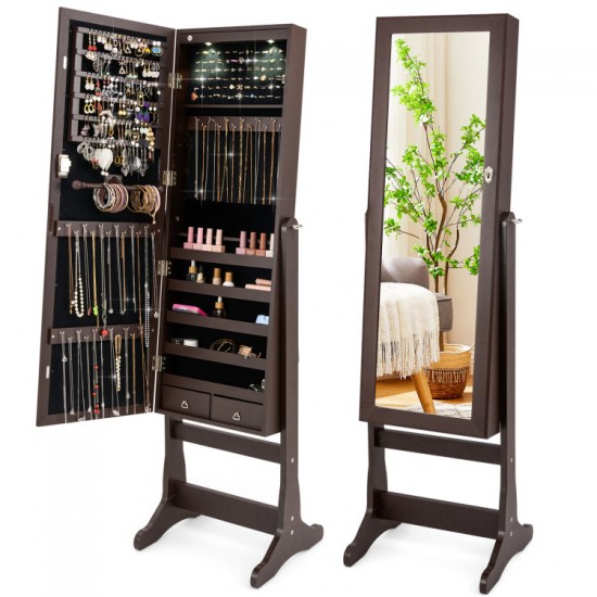 Honhorrs Lockable Mirror Jewelry Armoire, Freestanding MDF Cabinet with Door-Activated LED Lighting