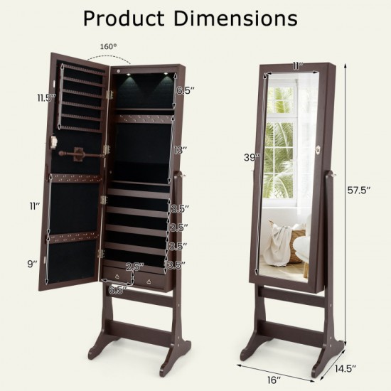 Honhorrs Lockable Mirror Jewelry Armoire, Freestanding MDF Cabinet with Door-Activated LED Lighting
