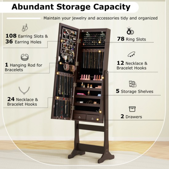Honhorrs Lockable Mirror Jewelry Armoire, Freestanding MDF Cabinet with Door-Activated LED Lighting