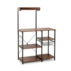 XVX Four-Tier Kitchen Baker's Rack, Metal Frame with Basket, Five Hooks and MDF Shelf Panels