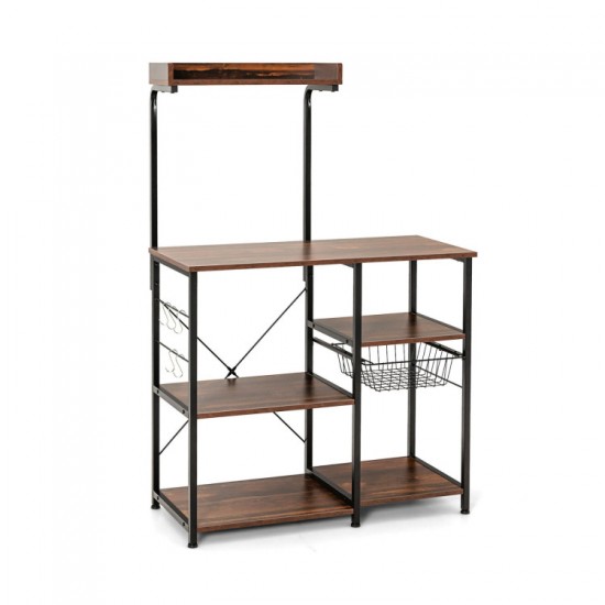 Honhorrs Four-Tier Kitchen Baker's Rack, Metal Frame with Basket, Five Hooks and MDF Shelf Panels