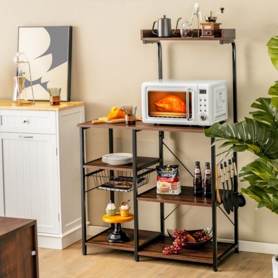 Honhorrs Four-Tier Kitchen Baker's Rack, Metal Frame with Basket, Five Hooks and MDF Shelf Panels