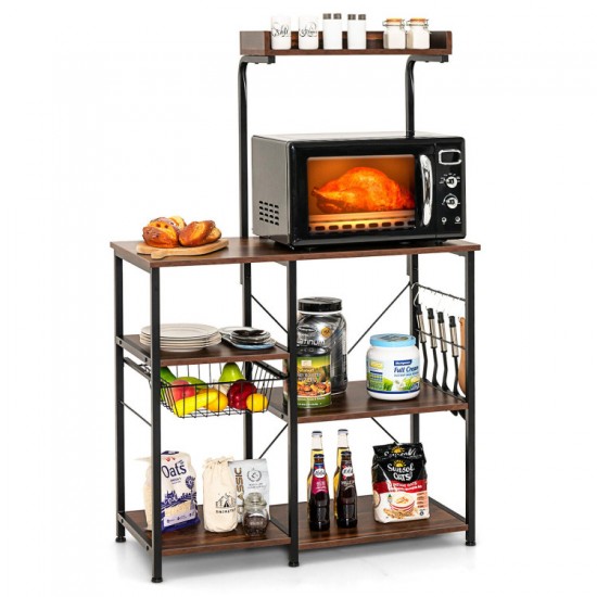 Honhorrs Four-Tier Kitchen Baker's Rack, Metal Frame with Basket, Five Hooks and MDF Shelf Panels